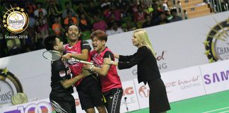 Syed Akhbar Shah Syed Mustakim swarmed by his teammates after winning the decisive second men's singles match. (photo: Purple League)