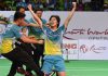 Muar City players stormed the court after a late comeback win by Tan Chun Seang over Puchong United. (photo: Muar City BC)