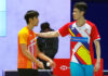 Loh Kean Yew (L) talks to Lee Zii Jia after Lee retires from the HYLO Open final. (photo: BWF)