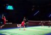 Carsten Mogensen (red shirt, left) and Mathias Boe of Denmark play against Mark Lamsfuss and Josche Zurwonne of Germany in European Mixed Team Badminton Championships semi-final.