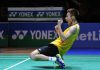 Lee Chong Wei sinks to his knees after winning the All-England men's singles title, beating defending champion Chen Long in straight sets in the final on Sunday. - AFP