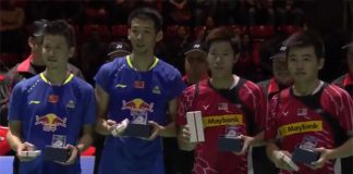 Goh V Shem (pink shirt left)/Tan Wee Kiong put up a good fight before beaten by Cai Yun (blue shirt left)/Lu Kai at Swiss Open final