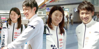 Ayaka Takahashi and Takeshi Kamura talk to reporters at Tokyo International Airport. (photo: hochi)