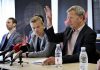 Henrik Parkhoi (center) takes the initiative to resolve the "cookies war" in Danish badminton. Mathias Boe is sitting on the left while the Chairman of Denmark Badminton - Rene Toft is sitting on the right.