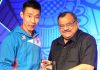 Lee Chong Wei received the 2013 Male Player of the Year award from the President of Badminton Association of India, Dr. Akhilesh Das Gupta at the annual BWF Gala Awards Dinner held in the sidelines of Thomas and Uber Cup tournament being held in Delhi.