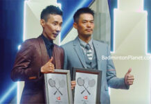 Lin Dan and Lee Chong Wei pose for pictures at the BWF Hall Of Fame induction ceremony.