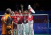 The Indonesian celebrate their team's thrilling win over Malaysia in front of Morten Frost. (photo: SEA Games)