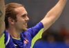 Jan O Jorgensen waves to the crowd after defeating Lin Dan 19-21, 21-13, 16-21 in the quarter final of Japan Open