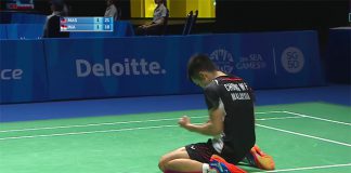 Chong Wei Feng goes down on knee after defeating Jonatan Christie of Indonesia at SEA Games men's singles quarter-finals.