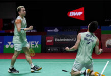 Aaron Chia/Soh Wooi Yik celebrate after beating Akira Koga/Taichi Saito in the 2023 Indonesia Open quarter-finals. (photo: Shi Tang/Getty Images)