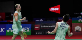 Aaron Chia/Soh Wooi Yik celebrate after beating Akira Koga/Taichi Saito in the 2023 Indonesia Open quarter-finals. (photo: Shi Tang/Getty Images)