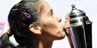 Saina Nehwal with the Australian Open Super Series Title in Sydney on Sunday