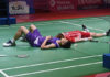 Both Chou Tien Chen (L) and Anders Antonsen lying on the court after an incredible match. (photo: Xinhua/Zulkarnain)