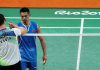 Lin Dan shakes hand with Vladimir Malkov after beating the Russian 21-18, 21-7 at the opener. (photo: AFP)