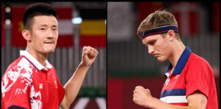 Chen Long faces Viktor Axelsen in the 2020 Tokyo Olympics finals. (photo: Lintao Zhang/Getty Images)