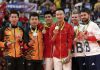 Silver medallists Goh V Shem and Tan Wee Kiong of Malaysia (from left), gold medallists Fu Haifeng and Zhang Nan of China, and bronze medallists Marcus Ellis and Chris Langridge of Britain pose on the podium. (photo: Reuters)