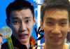 Lee Chong Wei vs player from Beijing Shougang basketball team.