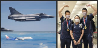 Four fighter jets escort the Taiwanese badminton team back to Taiwan. (photo: CNA)