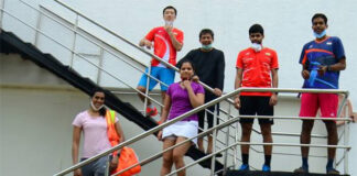 P.V. Sindhu (front left), women's doubles specialist N. Sikki Reddy, World Championship bronze medallist B. Sai Praneeth are at the Gopi Chand Academy in Hyderabad on Friday. (photo: thehindu)