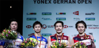 Hiroyuki Endo (Left), Keigo Sonoda (Second Right), and Takeshi Kamura (Right) resign from the Japanese national badminton team. (photo: Shi Tang/GettyImages)