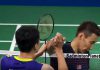 Wei Nan and Lee Chong Wei shake hands following the second round match at Denmark Open.