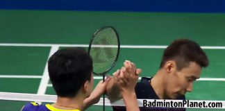 Wei Nan and Lee Chong Wei shake hands following the second round match at Denmark Open.