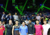 Taufik Hidayat, Peter Gade, Lee Chong Wei, Sachin Tendulkar (a famous Cricket player), Pullela Gopichand, Lin Dan and Lee Yong Dae pose for pictures. (video & photo: Yonex India)