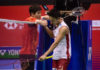 Son Wan Ho shakes hand with Kento Momota after their Hong Kong Open semi-final match. (photo: AFP)