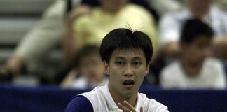 Indra Wijaya represents Singapore during the 2001 Asia Cup Badminton Championship at the Singapore Indoor Stadium.