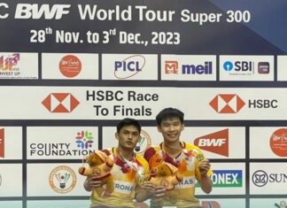 Choong Hon Jian and Muhammad Haikal celebrate their inaugural international title at the 2023 Syed Modi International. (Photo: BAM)